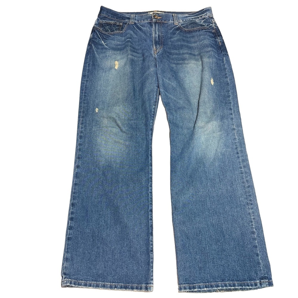American Rag Cie Mens Relaxed Bootcut Blue Distressed Jeans 36x32 Medium Wash